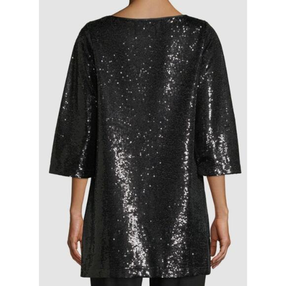 Joan Vass Womens Large/2 Sequin Easy Tunic Top Black Crew Neck 3/4 Sleeves - Picture 2 of 8